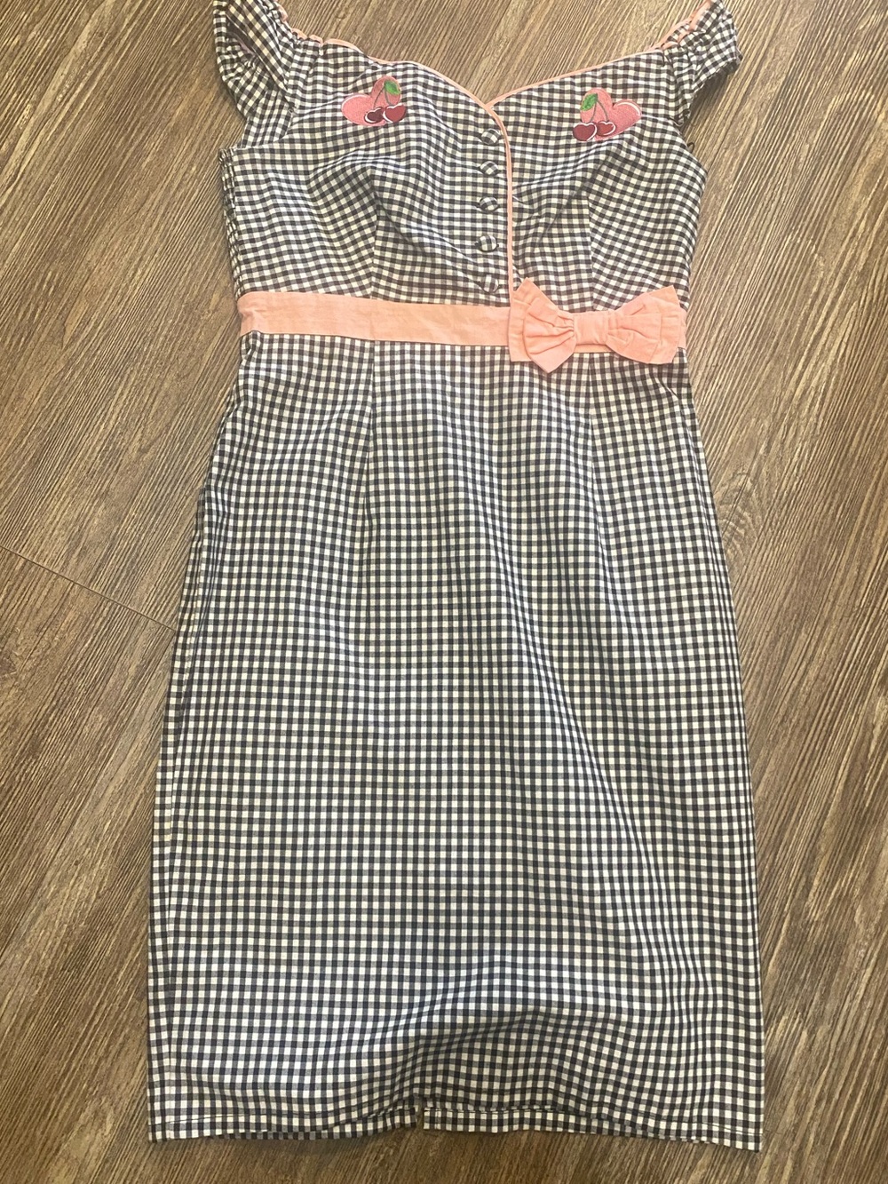 Unique Vintage Black & White Gingham Dress with Pink Trim and Cherry Appliqués